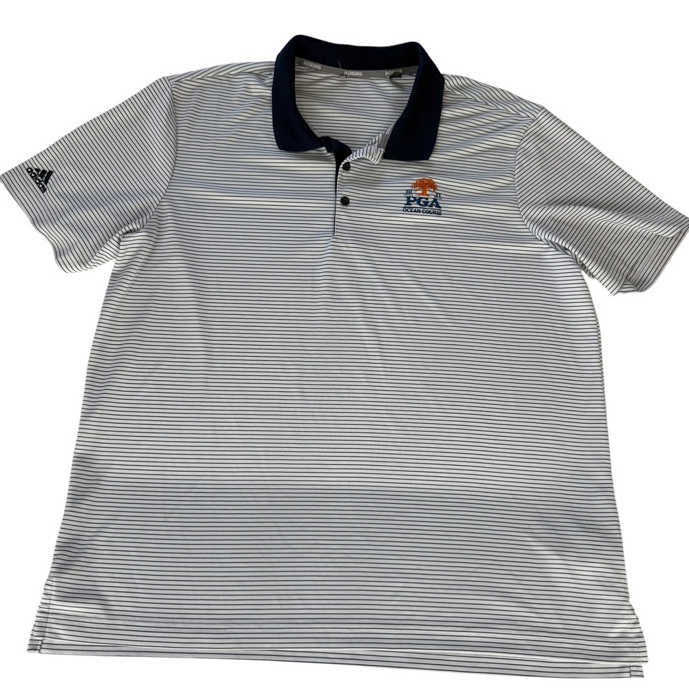 Adidas Mens XL 2021 PGA Ocean Course Striped Golf Polo Shirt White Navy Blue